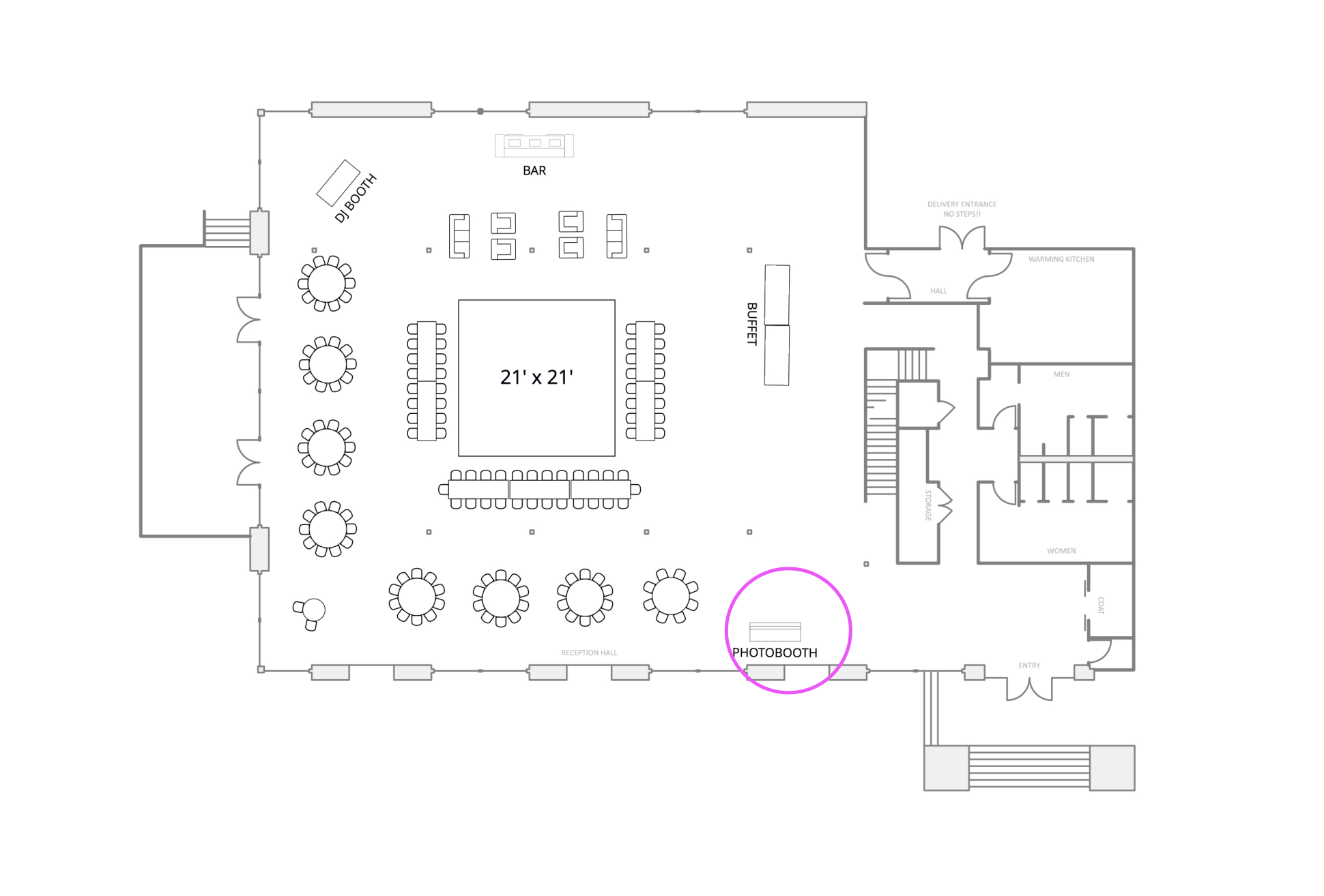 This is layout view of Osage House. You see where all of the tables are placed for wedding guests, where the photo booth will be, where the DJ will be, and more